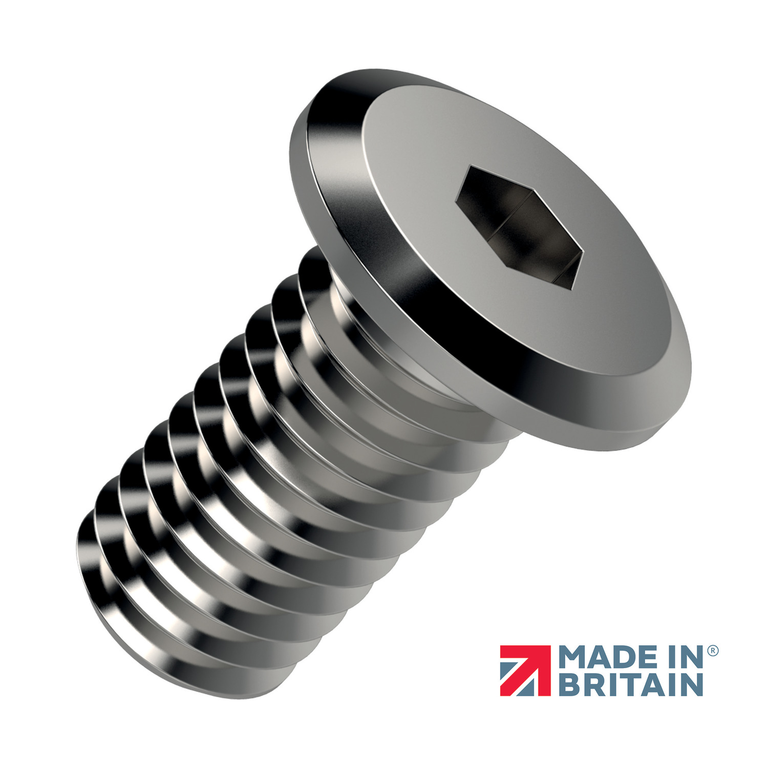 sideview of dark silver coloured ultra low head cap head screw  with hex drive and threaded shaft all the way